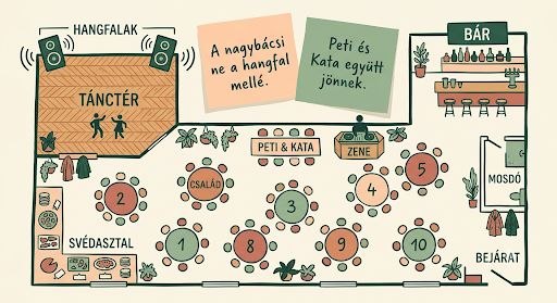 Kézzel jelölt esküvői ülésrend: asztalok, vendégek és a helyek beosztása egy terven.